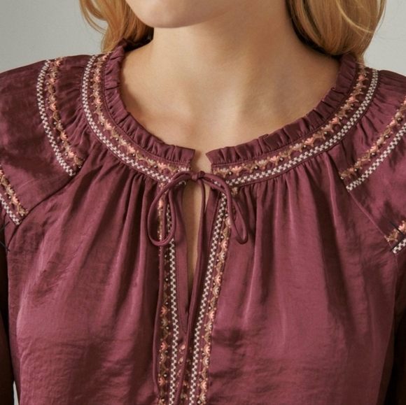 Elegant Embroidered Satin Peasant Top - Picture 4 of 7